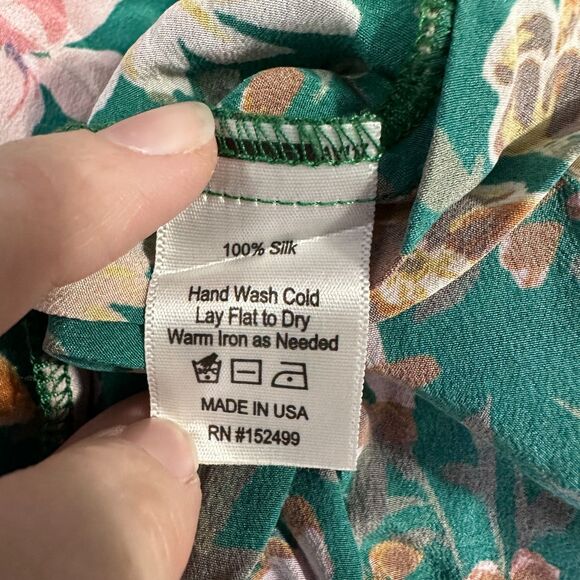 Amour Vert 100% Silk Green Floral Wrap Midi Dress Size M Made in USA Boho Chic - Picture 10 of 11